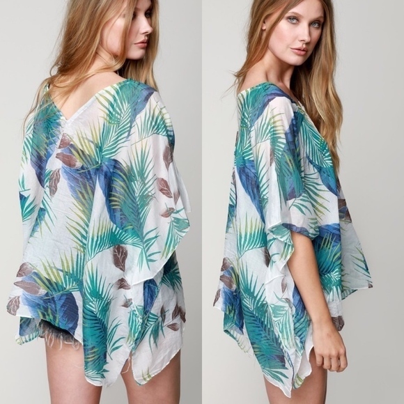Blue White Tropical Pattern Coverup BB1176 - Picture 2 of 2